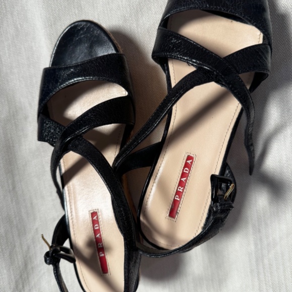 PRADA BLACK LEATHER ESPADRILLE SANDALS WEDGES SIZE 38 - Picture 2 of 7